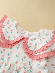 Young Girl Ditsy Floral Print Peter Pan Collar Flounce Sleeve Smock Dress - Multicolor - View 3