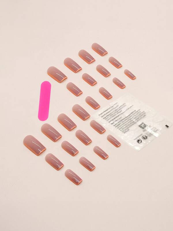 Color Nails - Mülheim An Der Ruhr 24pcs Simple Orange Trapezoidal French False Nails+1pc Nail File+1pc