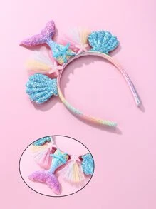 1pc Glitter Mermaid Tail, Shell, Starfish, Resin, Colorful Mesh Bowknot, Plastic Hair Accessory For Toddler Girls