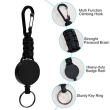 Retractable Key Ring with Lanyard Retractable Key Chain Extendable Key Ring with Key Ring ID Jojo Clip Retractable Carabiner Key Roll for Belt - Black - View 3