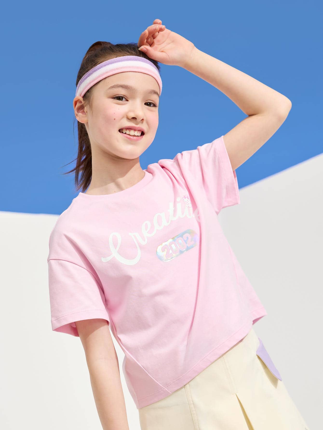 Balabala Chica preadolescente Camiseta de hombros caídos con estampado de letra - Rosa - Ver 1