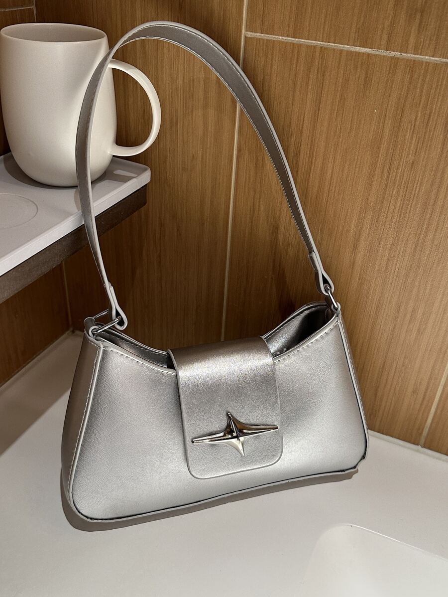 銀色金屬裝飾PU皮革拉鍊式法式袋，時尚休閒優雅的女式肩袋，時尚星星裝飾手挽包，女式時尚手提包斜挎包，靈感來自音樂節，時尚單品，適用於街頭穿搭 - 銀色 - 查看 1