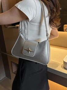 銀色金屬裝飾PU皮革拉鍊式法式袋，時尚休閒優雅的女式肩袋，時尚星星裝飾手挽包，女式時尚手提包斜挎包，靈感來自音樂節，時尚單品，適用於街頭穿搭 - 銀色 - 查看 3