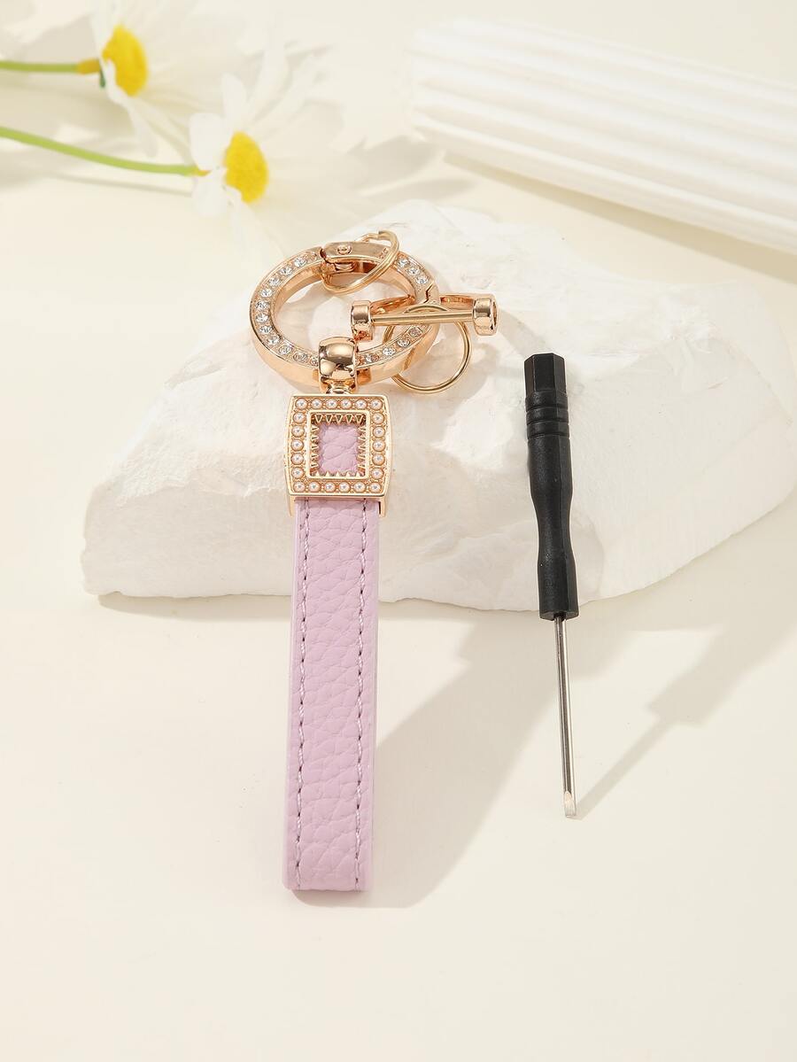 1pc Delicate Cute Pearl & Rhinestone Decorated Car Keychain Unisex - Multicolor - View 1