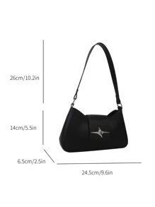 Metallic Detail Black Pu Leather Zipper Bag, Fashionable Casual & Elegant Women's Shoulder Bag - Black - View 6