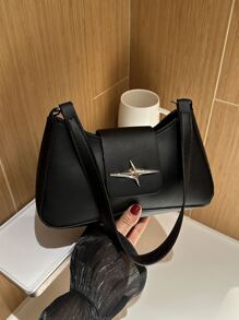 Metallic Detail Black Pu Leather Zipper Bag, Fashionable Casual & Elegant Women's Shoulder Bag - Black - View 1