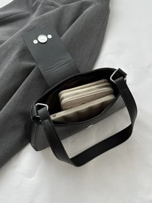 Metallic Detail Black Pu Leather Zipper Bag, Fashionable Casual & Elegant Women's Shoulder Bag - Black - View 7