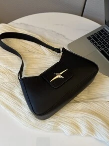 Metallic Detail Black Pu Leather Zipper Bag, Fashionable Casual & Elegant Women's Shoulder Bag - Black - View 10