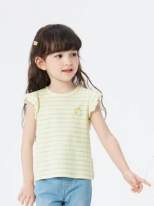 Balabala Cô Gái Trẻ In sọc Chanh Đã vá Viền Ruffle Áo thun - Màu vàng - Xem 1