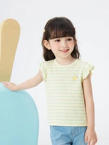 Balabala Cô Gái Trẻ In sọc Chanh Đã vá Viền Ruffle Áo thun - Màu vàng - Xem 3