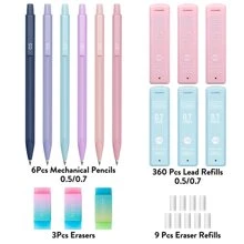 Cute Mechanical Pencil Set,6PCS Pastel Mechanical Pencils 0.5mm & 0.7mm With 360PCS HB Pencil Leads,3PCS Erasers And 9PCS Eraser Refills,School Office Supplies,Aesthetic Mechanical Pencils For Girls Writing,Suitable For Junior High School Primary School Boys And Girls College Student - 彩色 - 查看 5