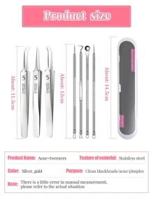 Extractores de acné, 1 set agujas de acero inoxidable para el acné, extractor de acné de doble cabeza, herramienta desmaquillante - Plateado - Ver 2