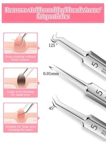 Extractores de acné, 1 set agujas de acero inoxidable para el acné, extractor de acné de doble cabeza, herramienta desmaquillante - Plateado - Ver 3