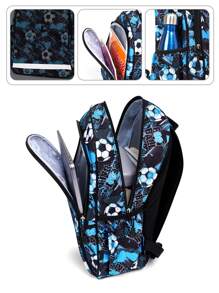 15.75in/40cm 3pcs Boys' Or Girls' Lightweight Backpack Set With Lunch Box & Pencil Case, Suitable For Travel, Camping, School. Padded Back & Adjustable Shoulder Straps, Fashionable Design (soccer Pattern). - Blue - View 3