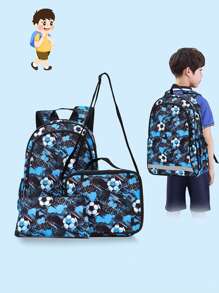 15.75in/40cm 3pcs Boys' Or Girls' Lightweight Backpack Set With Lunch Box & Pencil Case, Suitable For Travel, Camping, School. Padded Back & Adjustable Shoulder Straps, Fashionable Design (soccer Pattern). - Blue - View 2