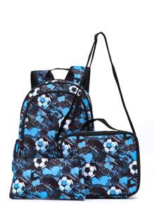 15.75in/40cm 3pcs Boys' Or Girls' Lightweight Backpack Set With Lunch Box & Pencil Case, Suitable For Travel, Camping, School. Padded Back & Adjustable Shoulder Straps, Fashionable Design (soccer Pattern). - Blue - View 4