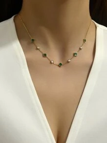 1 件简约绿色几何锆石不锈钢女士项链，适合日常装扮和礼物 - 彩色 - 查看 1