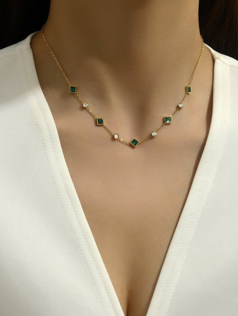 1 件简约绿色几何锆石不锈钢女士项链，适合日常装扮和礼物 - 彩色 - 查看 1