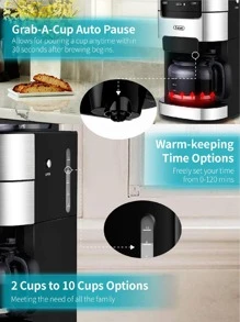 10-Cup Drip Coffee Maker, Grind and Brew Automatic Coffee Machine with Built-In Burr Coffee Grinder, Programmable Timer Mode and Keep Warm Plate, 1.5L Large Capacity Water Tank