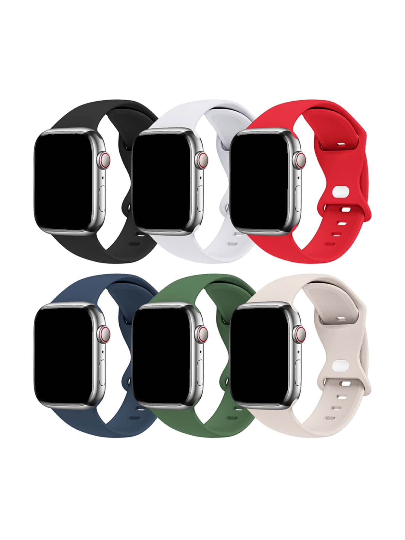 6入組黑/白/紅/海軍藍/綠/閃亮設計搭扣矽膠運動智能手錶表帶，相容於Apple Watch 45mm 38mm 40mm 41mm 42mm 44mm，相容於Apple Watch系列Ultra/Se/8/7/6/5/4/3/2/1 - 彩色 - 查看 1