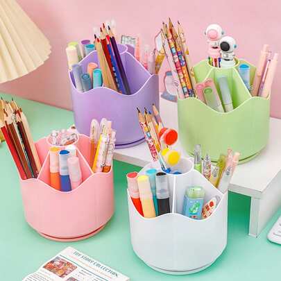 1pc 360 Degree Rotating Pen Holder, Cute Kid's Student Desk Stationery Storage Box, Multifunctional Large Capacity Pen Case For Office Or Home, Girl's Creative Desk Ornament
