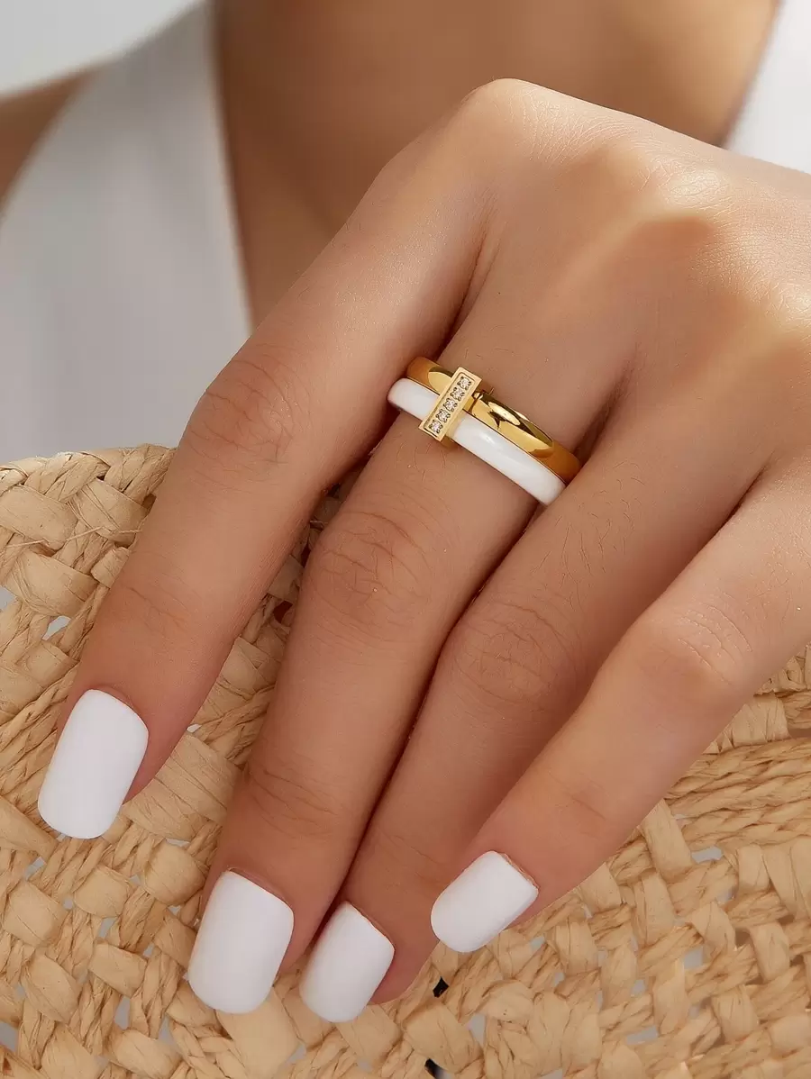 1 chiếc nhẫn mạ vàng 18K bằng thép không gỉ, đính đá Cubic Zirconia, trang sức nữ, quà tặng đám cưới, tiệc tùng, hẹn hò. - Vàng - Xem 1