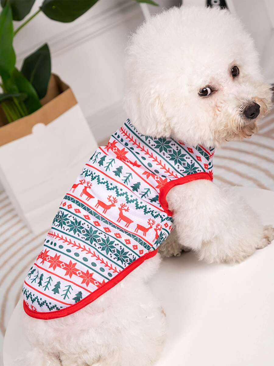 件寵物聖誕印花套頭衫針織保暖狗寵物坦克適合貓和狗，透氣背心適合春季和夏季 - 彩色 - 查看 1