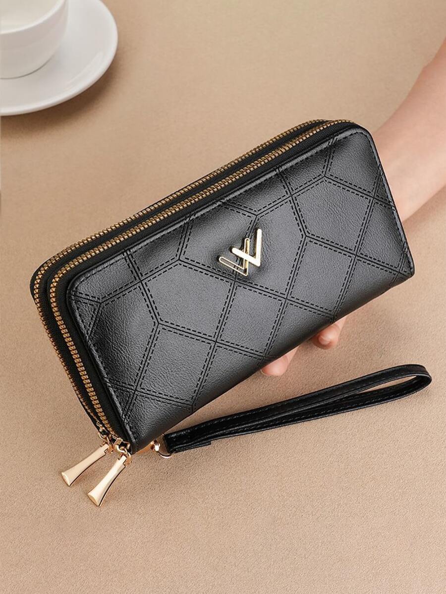 全新女士钱包 中号时尚手拿包 带腕带 双拉链手机袋 女士礼物包 钱包 钱夹 长款钱包 腕带钱包 - 黑色 - 查看 1