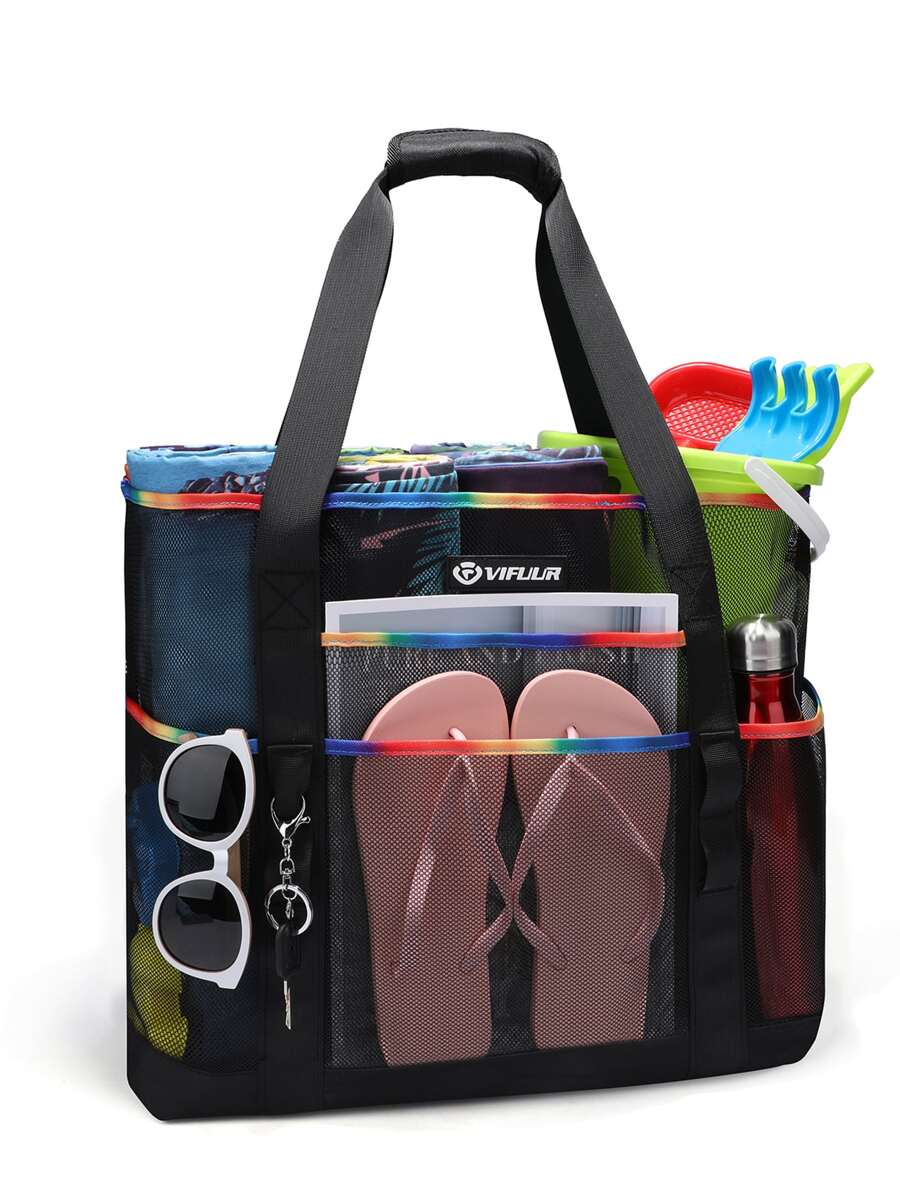 網狀沙灘包旅行收納手提包大容量購物手提袋超大女式沙灘包可攜帶盥洗用品、泳衣和衣服手提包女式手提包手提包單肩包女孩媽媽媽媽女朋友感恩節禮物女包 - 彩色 - 查看 1