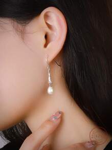 1入組時尚S925銀&天然珍珠鑲嵌式耳環,適用於日常&派對