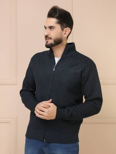 Sueter tricot masculino casaco blusa de frio zip completo manga longa blusa de Lã