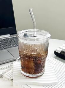Striped Glass Iced Coffee Cup To Go Cup With Lid And Striped Straw For Cold Latte, Summer - Clear - View 1