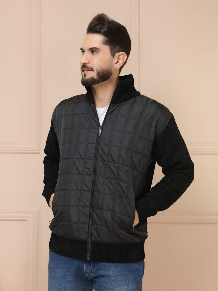 Sueter tricot masculino suéter chenille casaco blusa de frio zip completo manga longa blusa de Lã - Preto - Visão 1