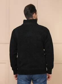 Sueter tricot masculino suéter chenille casaco blusa de frio zip completo manga longa blusa de Lã - Preto - Visão 4