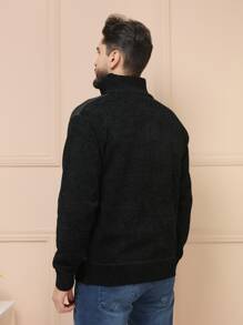Sueter tricot masculino suéter chenille casaco blusa de frio zip completo manga longa blusa de Lã - Preto - Visão 3