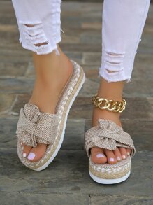 2024年女款扁平涼鞋，扁平沙灘涼鞋，編織，設計感，蝴蝶結設計，美麗的戶外，舒適的室內 - 卡其色 - 查看 4