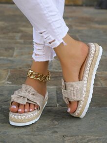 2024年女款扁平涼鞋，扁平沙灘涼鞋，編織，設計感，蝴蝶結設計，美麗的戶外，舒適的室內 - 卡其色 - 查看 2