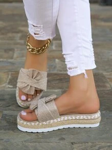 2024年女款扁平涼鞋，扁平沙灘涼鞋，編織，設計感，蝴蝶結設計，美麗的戶外，舒適的室內 - 卡其色 - 查看 6