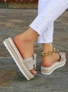 2024年女款扁平涼鞋，扁平沙灘涼鞋，編織，設計感，蝴蝶結設計，美麗的戶外，舒適的室內 - 卡其色 - 查看 5