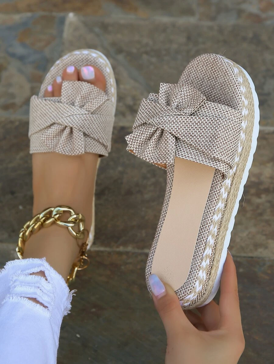 2024年女款扁平涼鞋，扁平沙灘涼鞋，編織，設計感，蝴蝶結設計，美麗的戶外，舒適的室內 - 卡其色 - 查看 1