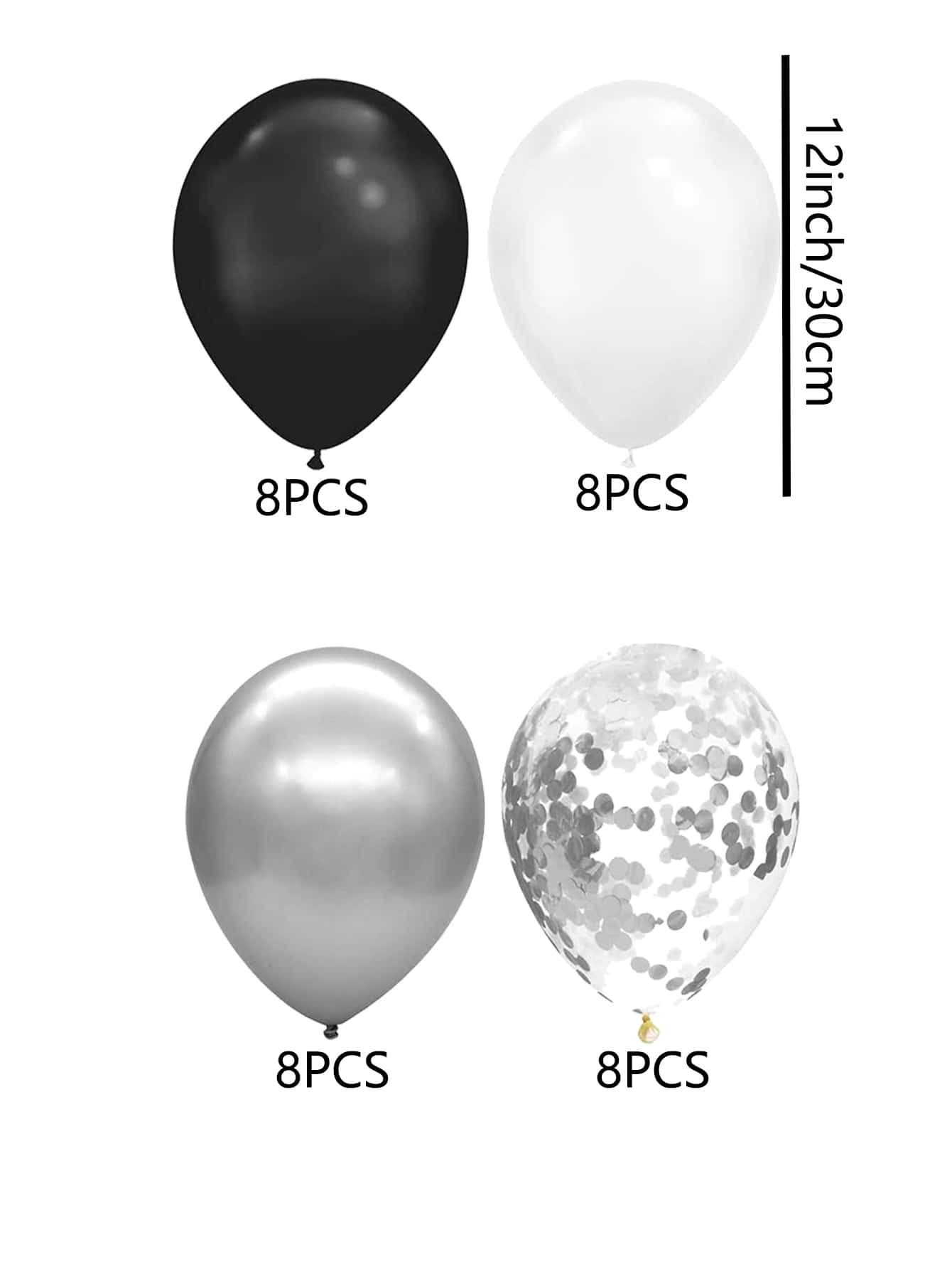 32pcs Chrome Metallic Balloons, 12 Inch Black White And Silver Confetti