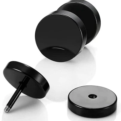 1 对黑色圆形圆盘耳环，带柔性软骨耳夹，316l 不锈钢简约耳钉，男女通用