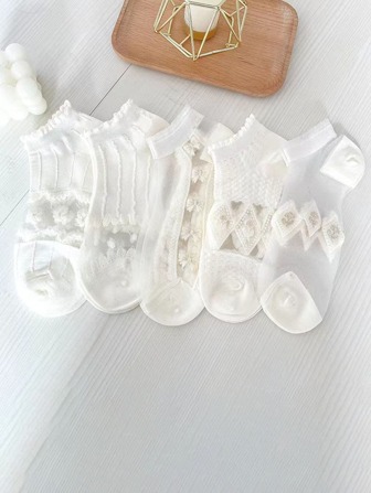 Five Pairs Of Suits Women's Summer Thin Transparent Breathable Boat Socks, No Show Socks Casual All-Match Lace Socks