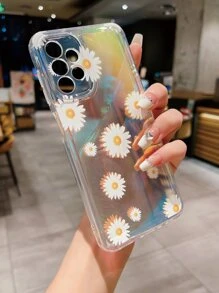 1pc Transparent Tpu Space Case With Flower Painting And 1pc Shiny Glitter Tpu Phone Case - Multicolor - View 4