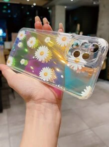 1pc Transparent Tpu Space Case With Flower Painting And 1pc Shiny Glitter Tpu Phone Case - Multicolor - View 3