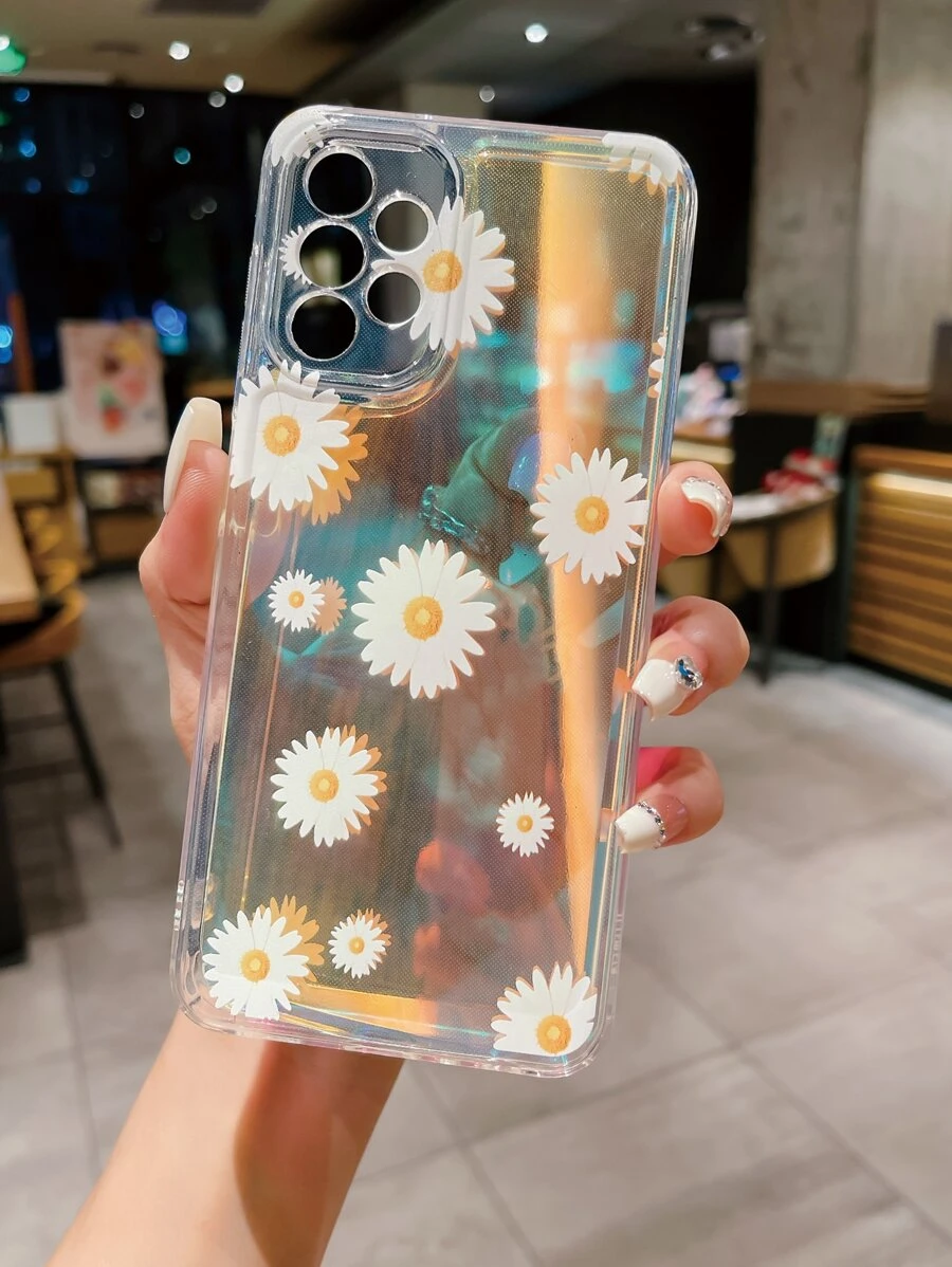 1pc Transparent Tpu Space Case With Flower Painting And 1pc Shiny Glitter Tpu Phone Case - Multicolor - View 1