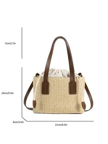 Fashionable Summer Beach Straw Woven Bucket Bag Drawstring Handbag Crossbody Bag For Women - Brown - View 4