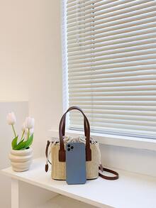 Fashionable Summer Beach Straw Woven Bucket Bag Drawstring Handbag Crossbody Bag For Women - Brown - View 6