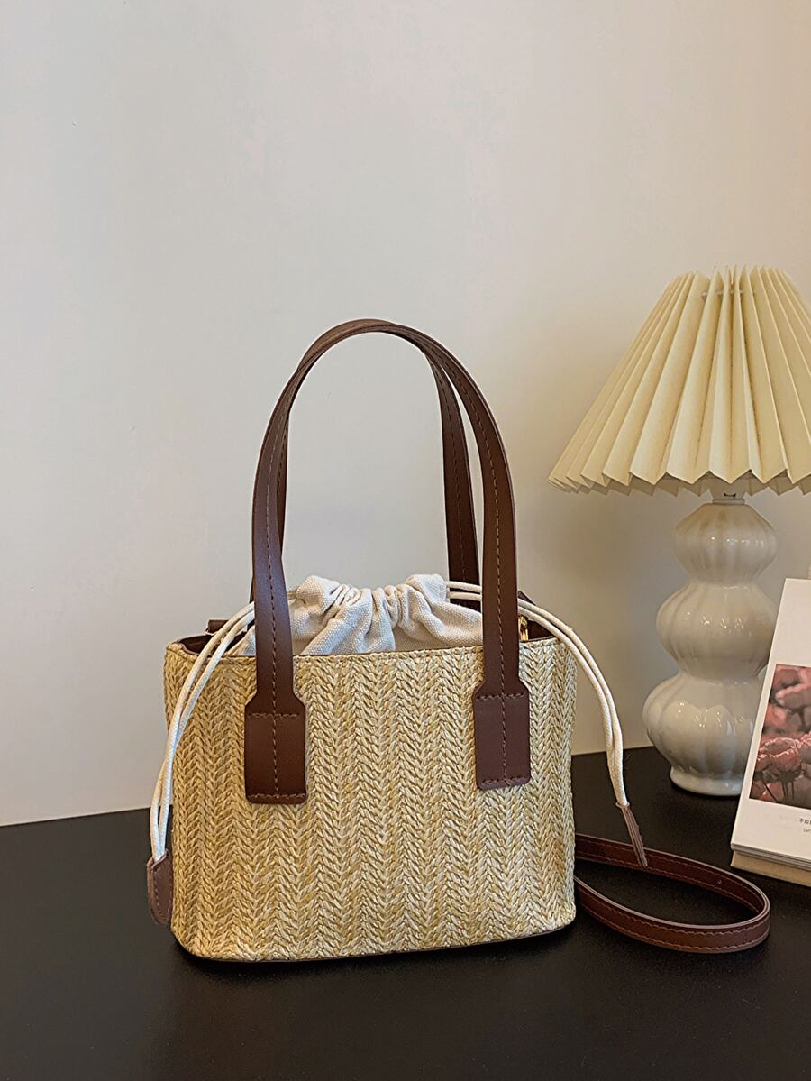 Fashionable Summer Beach Straw Woven Bucket Bag Drawstring Handbag Crossbody Bag For Women - Brown - View 1