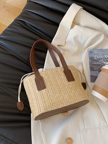 Fashionable Summer Beach Straw Woven Bucket Bag Drawstring Handbag Crossbody Bag For Women - Brown - View 3